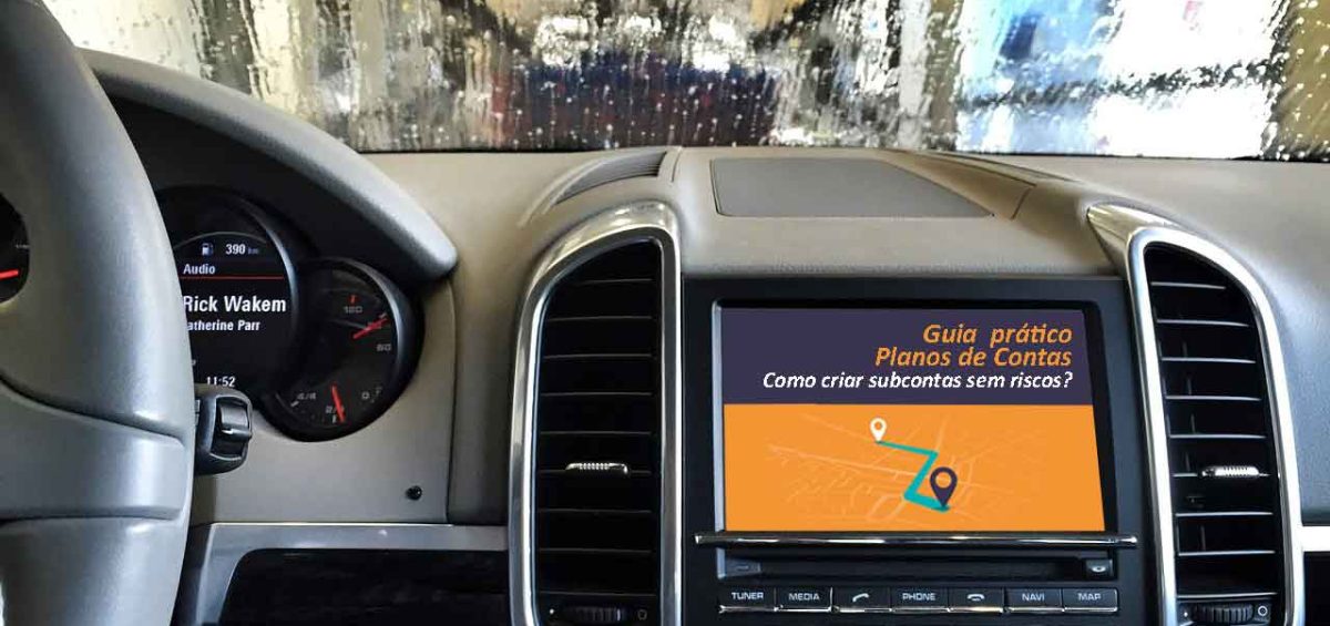 Guia prático de Plano de Contas exibido em tela de carro, mostrando como criar subcontas contábeis sem riscos e com segurança.