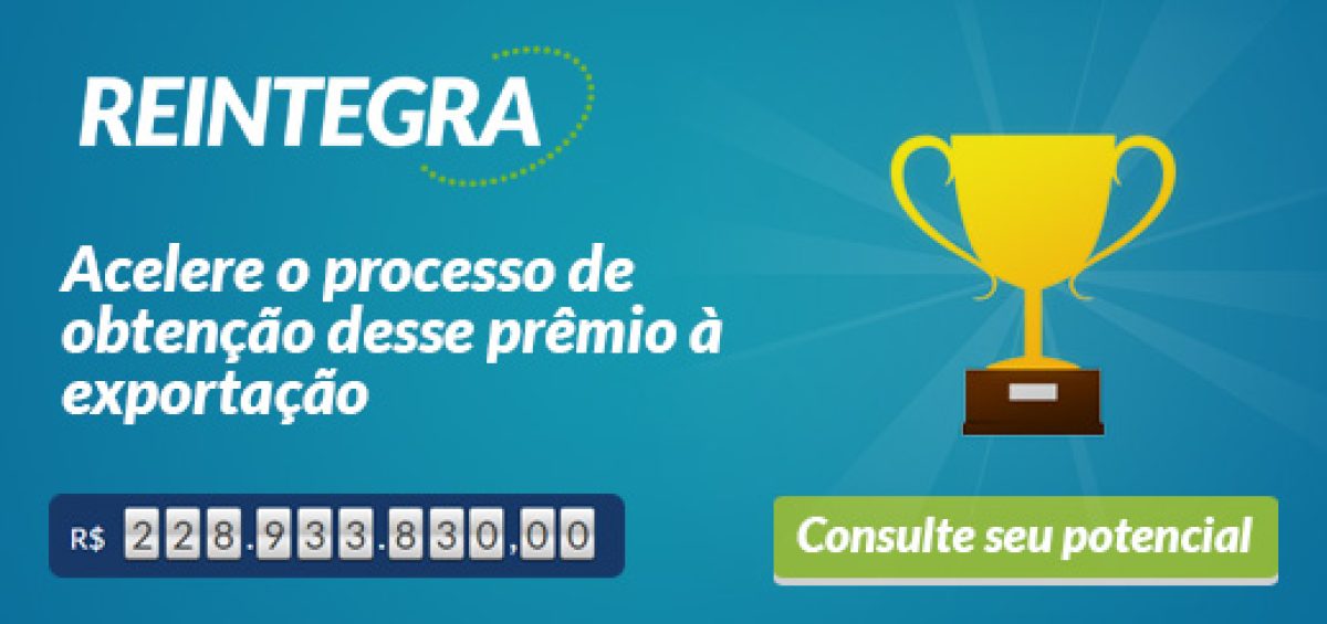 Banner do Programa Reintegra com troféu dourado, destacando o incentivo fiscal à exportação e a possibilidade de maximizar os ganhos das empresas exportadoras.