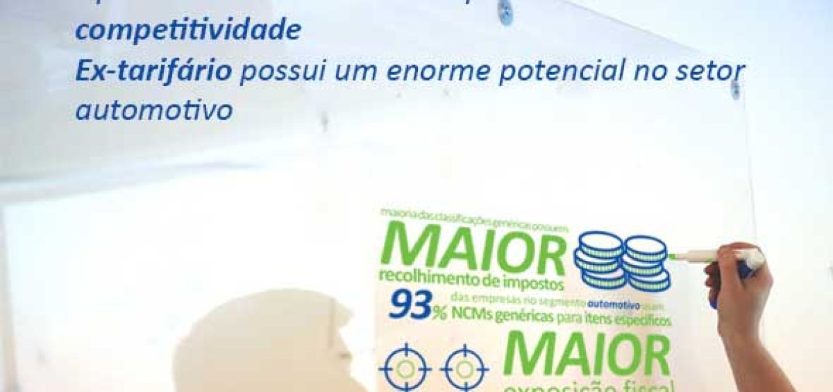 Imagem com destaque para a importância do uso correto da NCM no setor automotivo, enfatizando economia tributária, redução de impostos e aumento da competitividade, com menção ao potencial do Ex-tarifário.