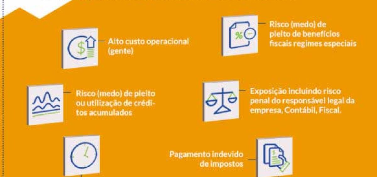 Infográfico sobre oportunidades e desafios na gestão tributária para empresas de grande porte, destacando perfil das organizações, impactos de custos e riscos fiscais, ações recomendadas em processos, pessoas e ferramentas, e os principais interessados como CFO, controller, fiscal, contábil e TI.