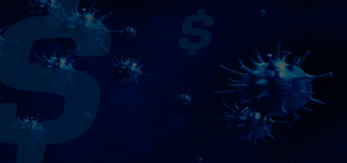 Imagem conceitual com símbolos de vírus e cifrões, representando os impactos financeiros da pandemia de coronavírus no planejamento tributário e a necessidade de iniciar estratégias fiscais imediatamente.