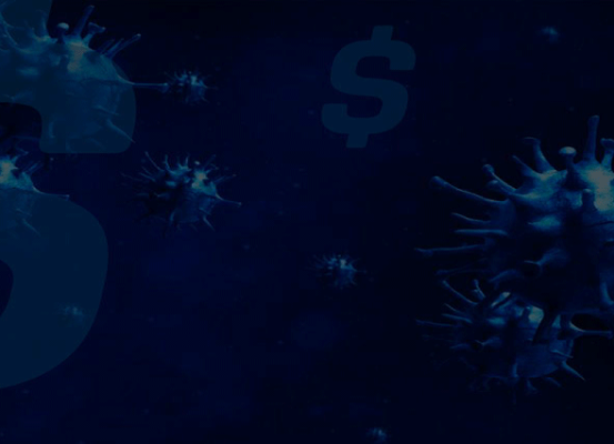 Imagem conceitual com símbolos de vírus e cifrões, representando os impactos financeiros da pandemia de coronavírus no planejamento tributário e a necessidade de iniciar estratégias fiscais imediatamente.