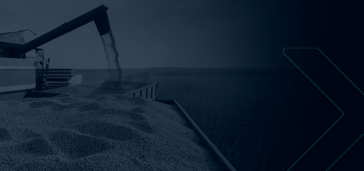 Colheita agrícola com máquina agrícola transferindo grãos para caminhão, representando o protagonismo do agronegócio com a IN 2.121/2022.