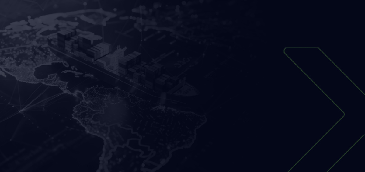 Navio carregado de contêineres sobre um mapa digitalizado da América, representando comércio global e desafios logísticos no setor de máquinas autopropulsadas.