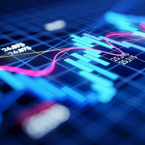 Gráfico digital de barras e linhas em tons de azul e rosa representando análise de dados financeiros e inteligência competitiva, simbolizando gestão estratégica e tomada de decisão empresarial.