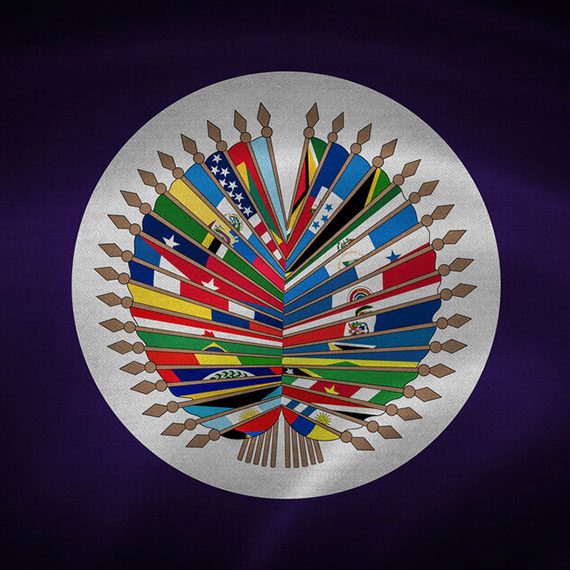 Símbolo da OEA com bandeiras dos países membros representando integração aduaneira, segurança e certificação no comércio exterior.